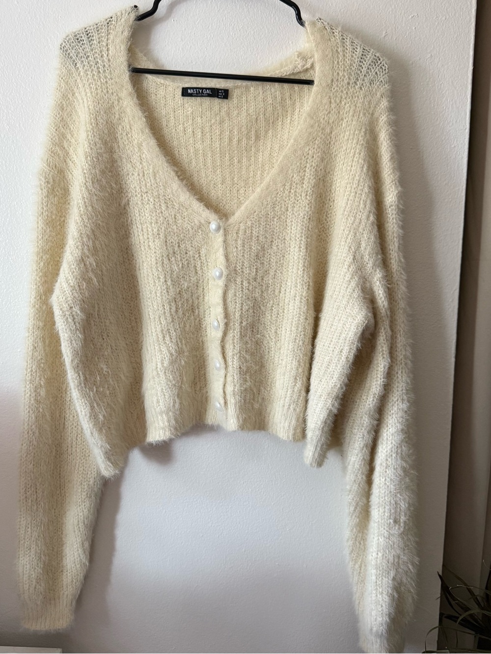 Nasty Gal Cream Fuzzy V-Neck Button-Up Cropped Cardigan
